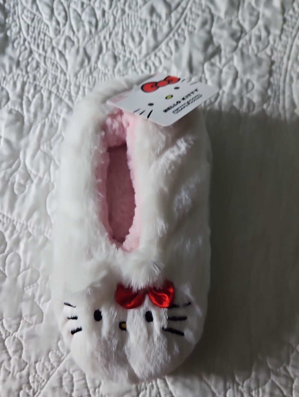 Hello Kitty White Plush Slippers with Pink Lining and Red Bow